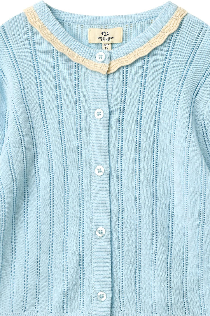 STRIKKET POINTELLE CARDIGAN - ICE BLUE/CREAM COMB.