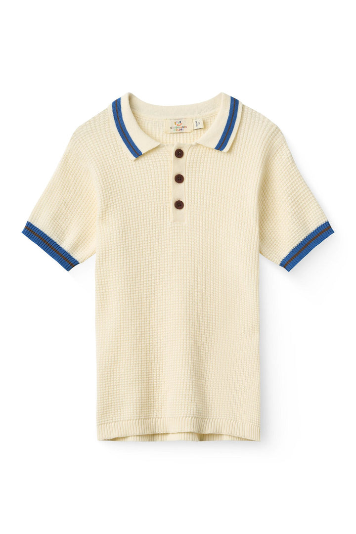 STRIKKET POLO MED MØNSTER - CREAM, BLUE, BROWN COMB.