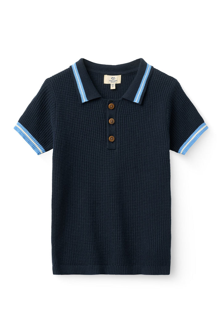 STRIKKET POLO MED MØNSTER - NAVY, BLUE, CREAM COMB.