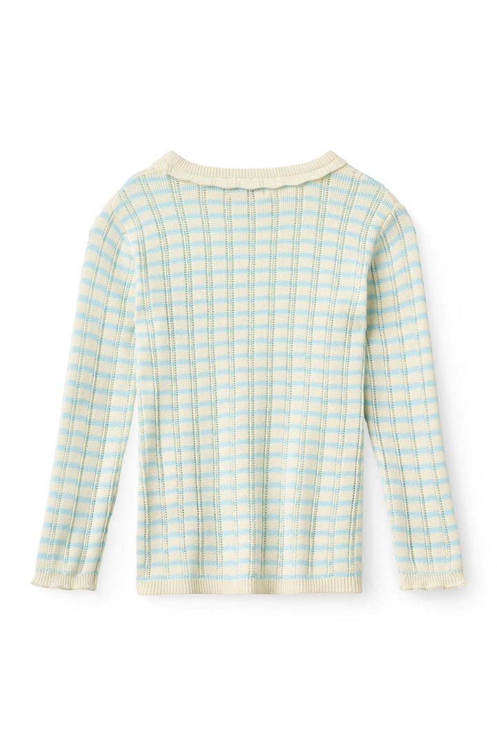 STRIKKET STRIBET POINTELLE BLUSE - DUSTY BLUE COMB.