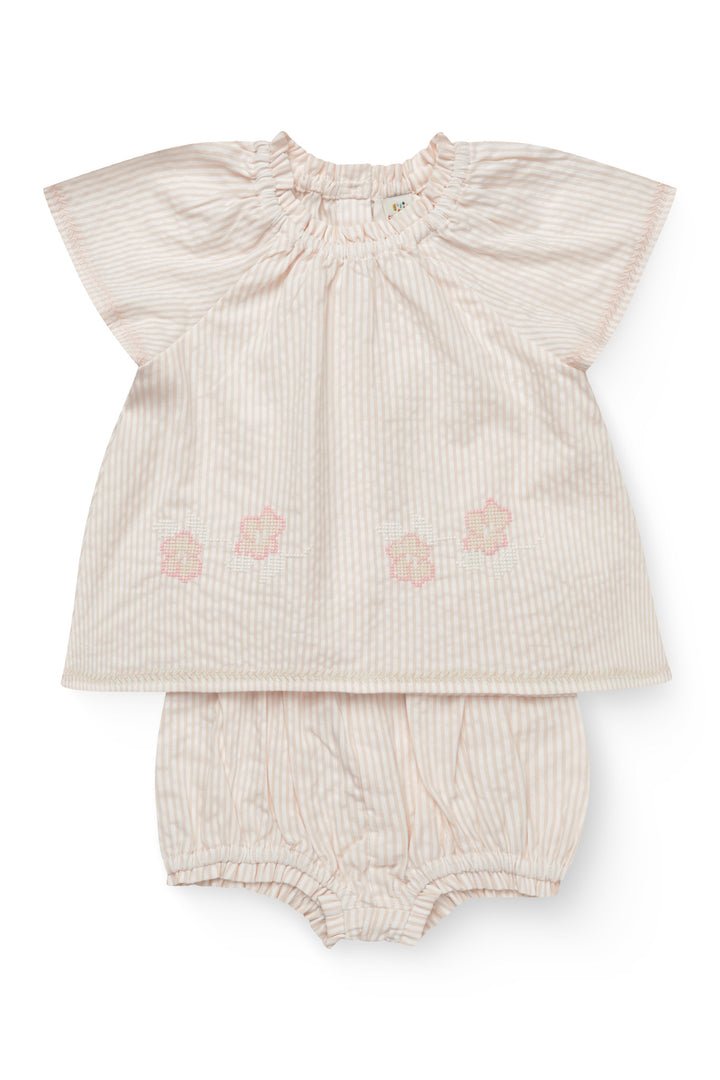 BÆK OG BØLGE BABYSET M. BRODERI - DUSTY ROSE W CREAM STRIPE W. FLOWER
