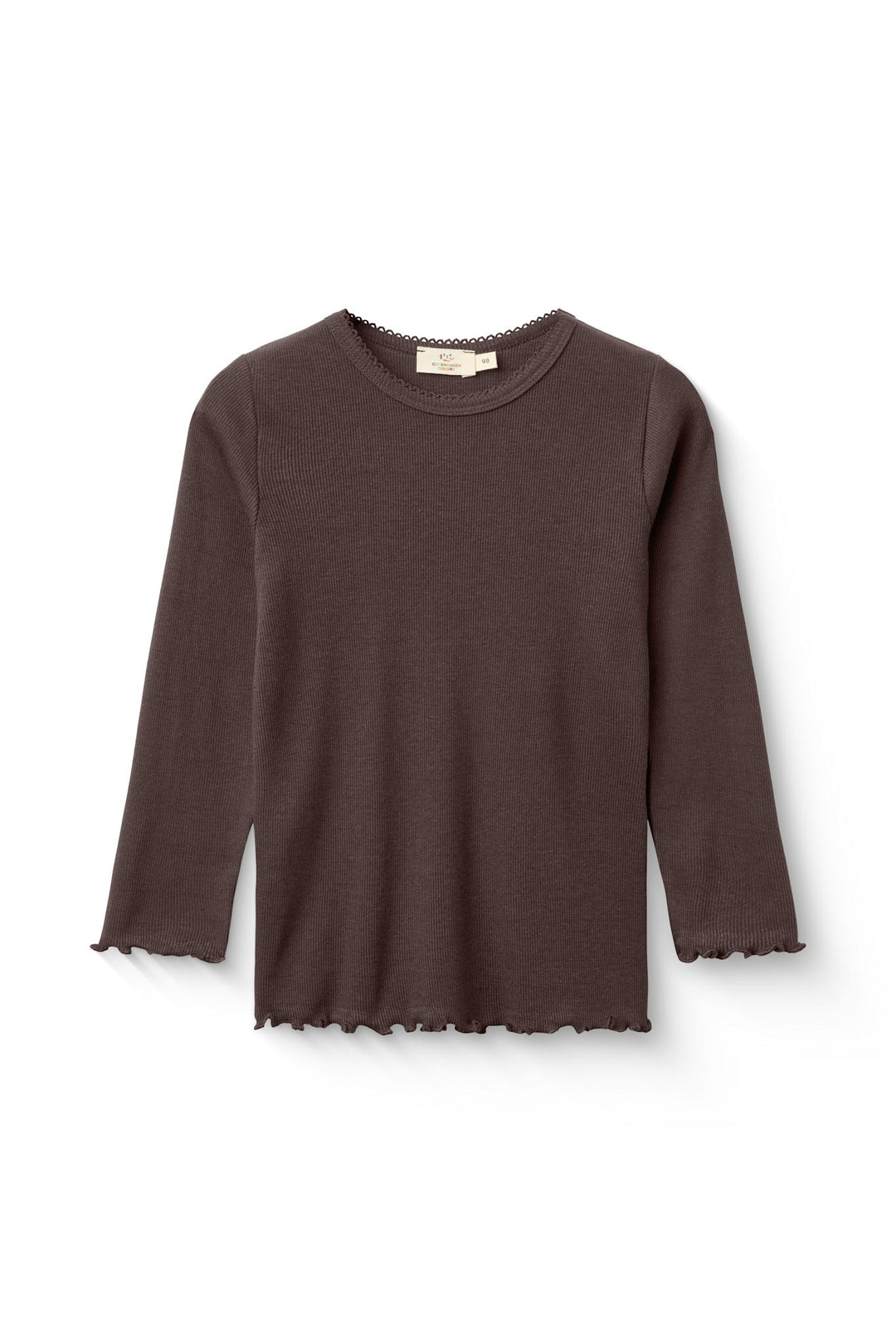 Modal rib T-Shirt m. Picot & L/Æ - Dk. Brown