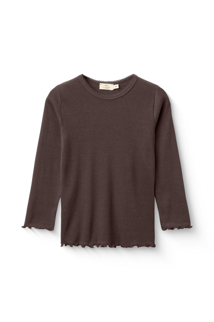 Modal rib T-Shirt m. Picot & L/Æ - Dk. Brown