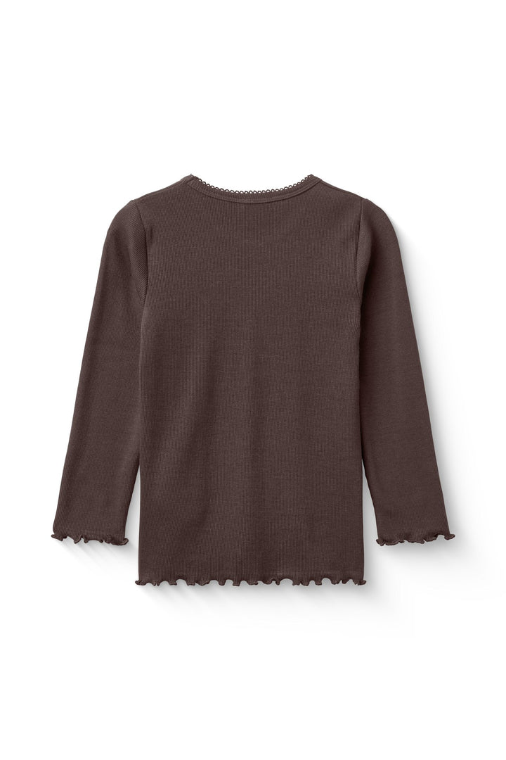 Modal rib T-Shirt m. Picot & L/Æ - Dk. Brown