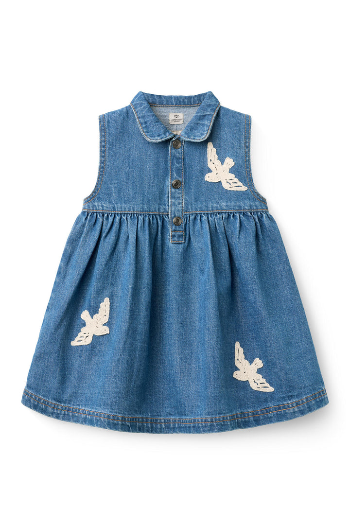 DENIM DRESS W. CROCHET DOVES - INDIGO BLUE WASHED