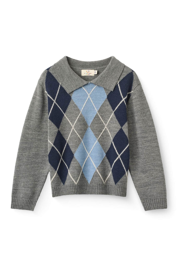 Strikket Bluse m. Krave & Rudediamant Mønster - Grey Melange Comb.