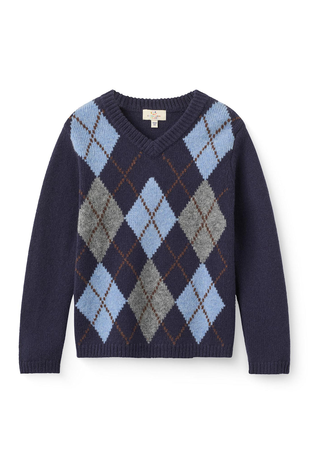 Strikket V-Hals Pullover m. Argyle-Mønster - Navy Melange Comb.