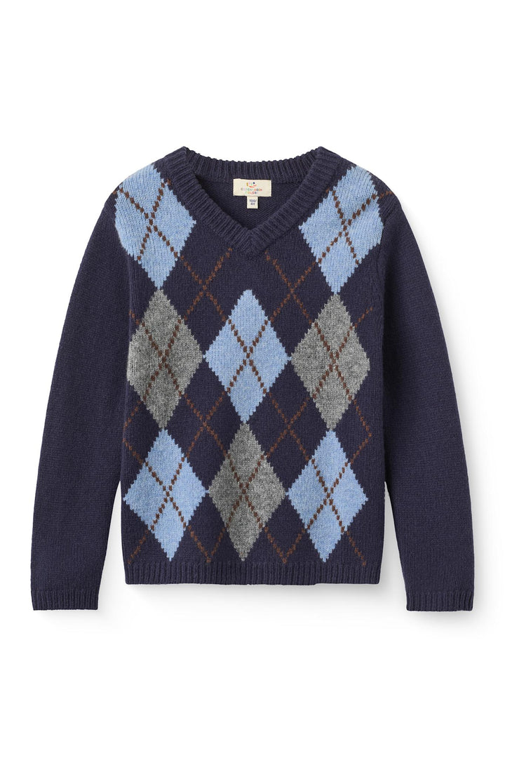 Strikket V-Hals Pullover m. Argyle-Mønster - Navy Melange Comb.