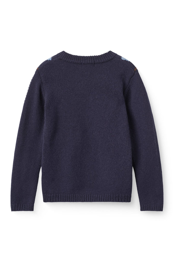 Strikket V-Hals Pullover m. Argyle-Mønster - Navy Melange Comb.