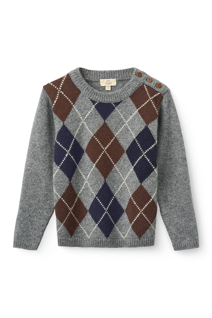 Striktrøje m. Rudediamant Mønster - Grey Mel./Dk. Brown/Navy Comb.