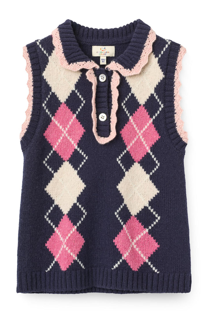 Strikvest m. Rudediamant Mønster & Flæse - Navy/Soft Pink/Blossom Pink Comb.