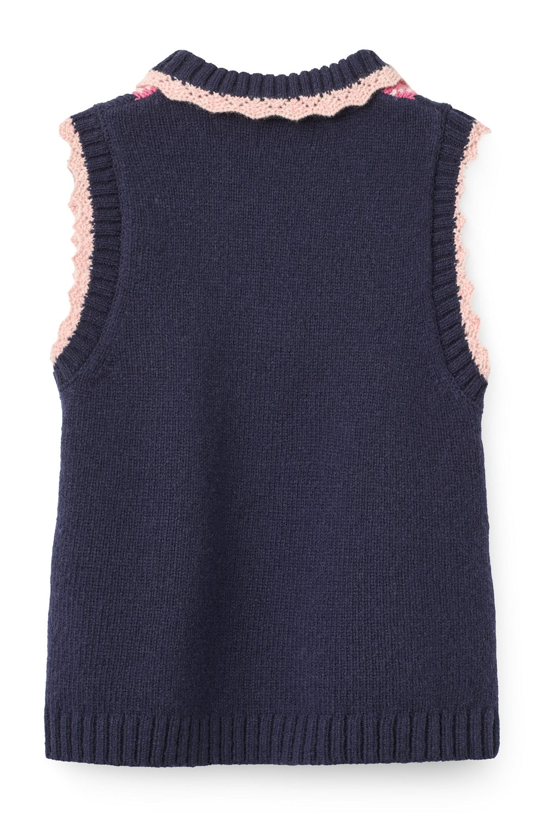 Strikvest m. Rudediamant Mønster & Flæse - Navy/Soft Pink/Blossom Pink Comb.