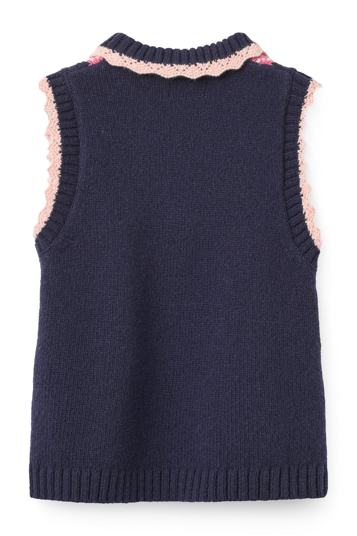 Strikvest m. Rudediamant Mønster & Flæse - Navy/Soft Pink/Blossom Pink Comb.