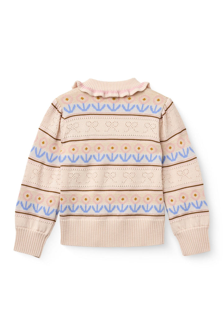 Strikket Bluse m. Krave og Pointelle- og Mønsterdetaljer - Beige Comb.