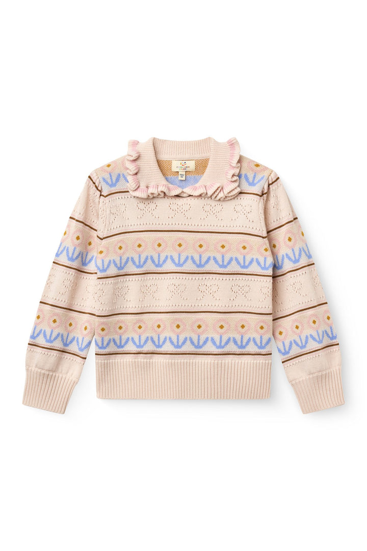 Strikket Bluse m. Krave og Pointelle- og Mønsterdetaljer - Beige Comb.