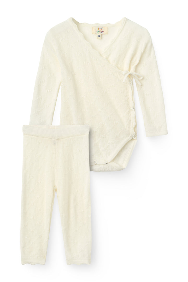 Finstrikket Pointelle Merino Body m. Skrålukning & Leggings - White
