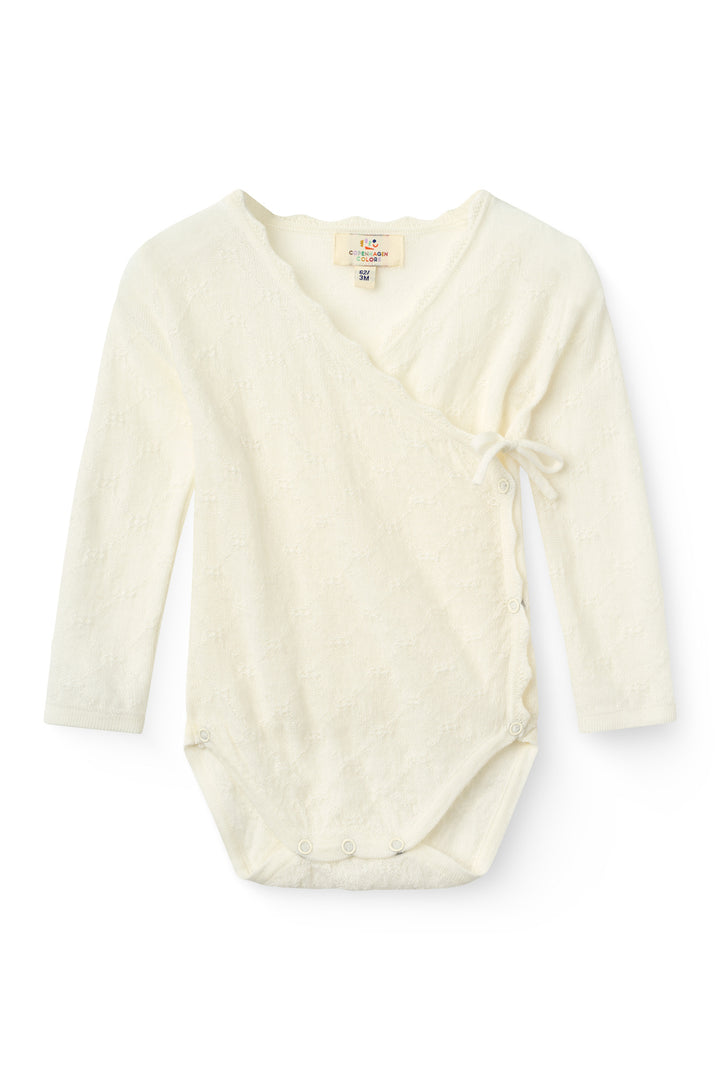 Finstrikket Pointelle Merino Body m. Skrålukning & Leggings - White
