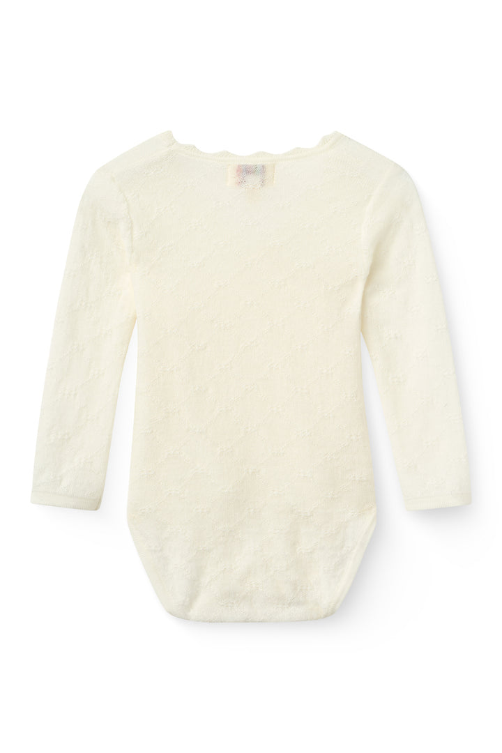 Finstrikket Pointelle Merino Body m. Skrålukning & Leggings - White