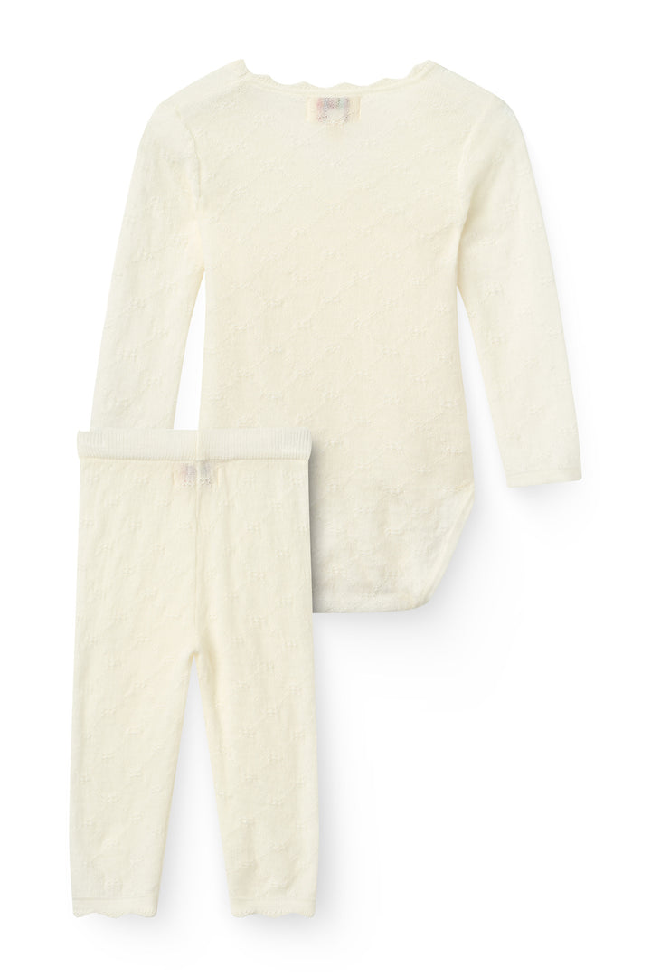 Finstrikket Pointelle Merino Body m. Skrålukning & Leggings - White
