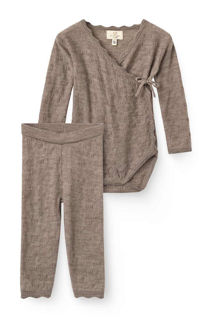 Finstrikket Pointelle Merino Body m. Skrålukning & Leggings - Natural Melange