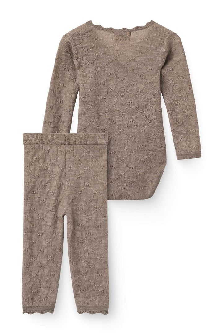 Finstrikket Pointelle Merino Body m. Skrålukning & Leggings - Natural Melange