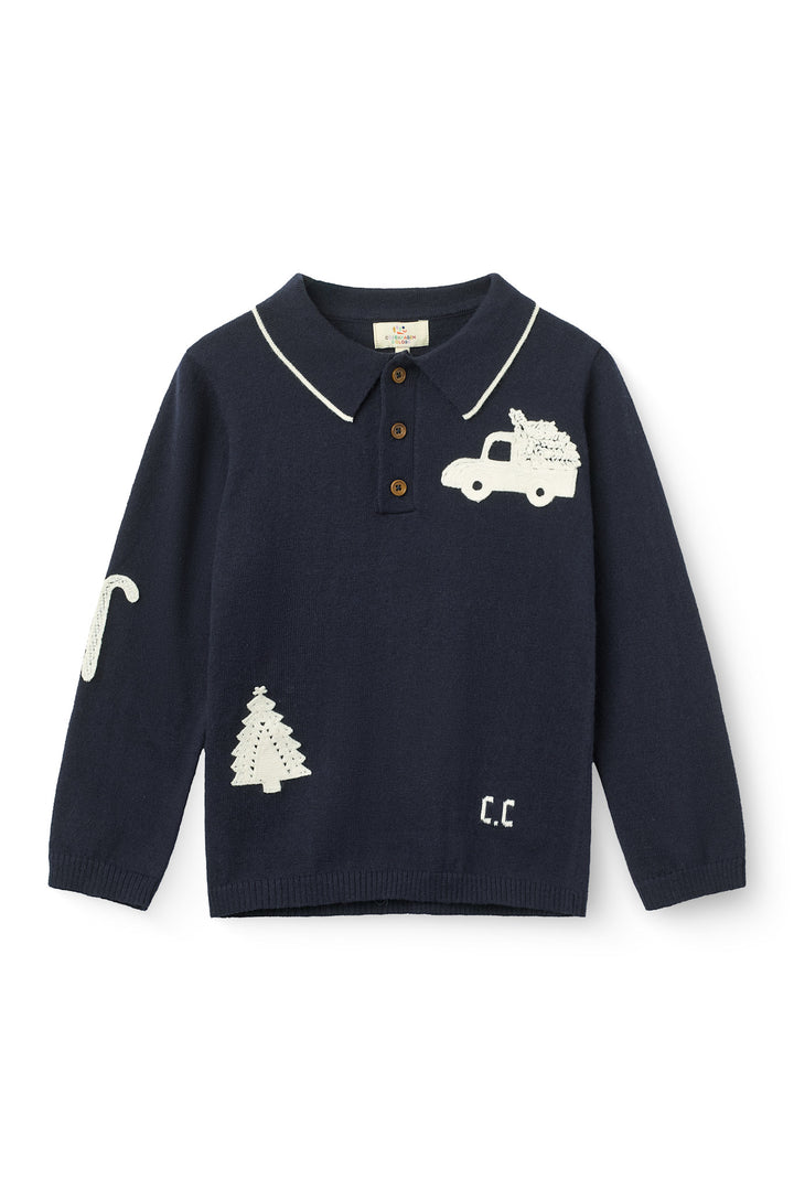 Strikket Polo m. Hæklede Patches - NAVY/ CREAM COMB