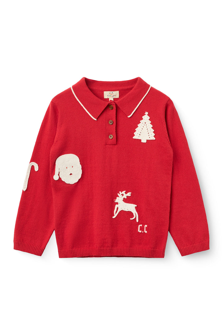 Strikket Polo m. Hæklede Patches - RED/ CREAM COMB