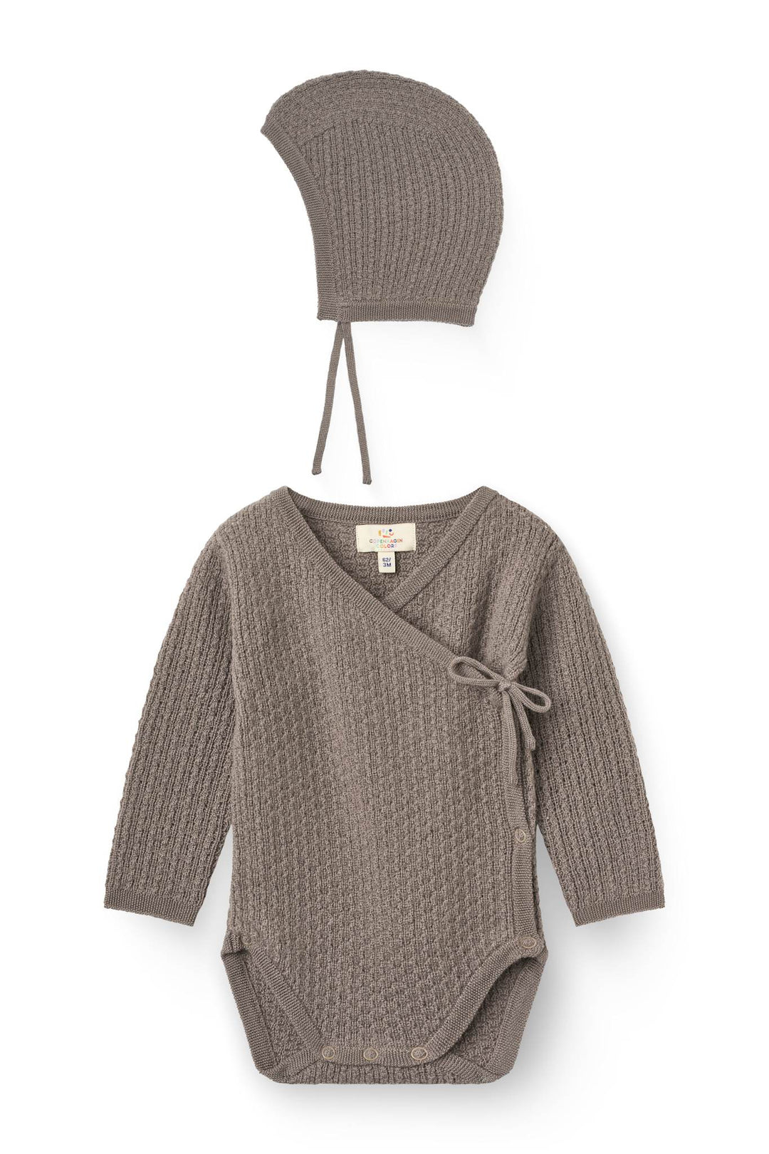 2-Pak Merinostrikket Pointelle Body & Baby Hat - Natural Melange