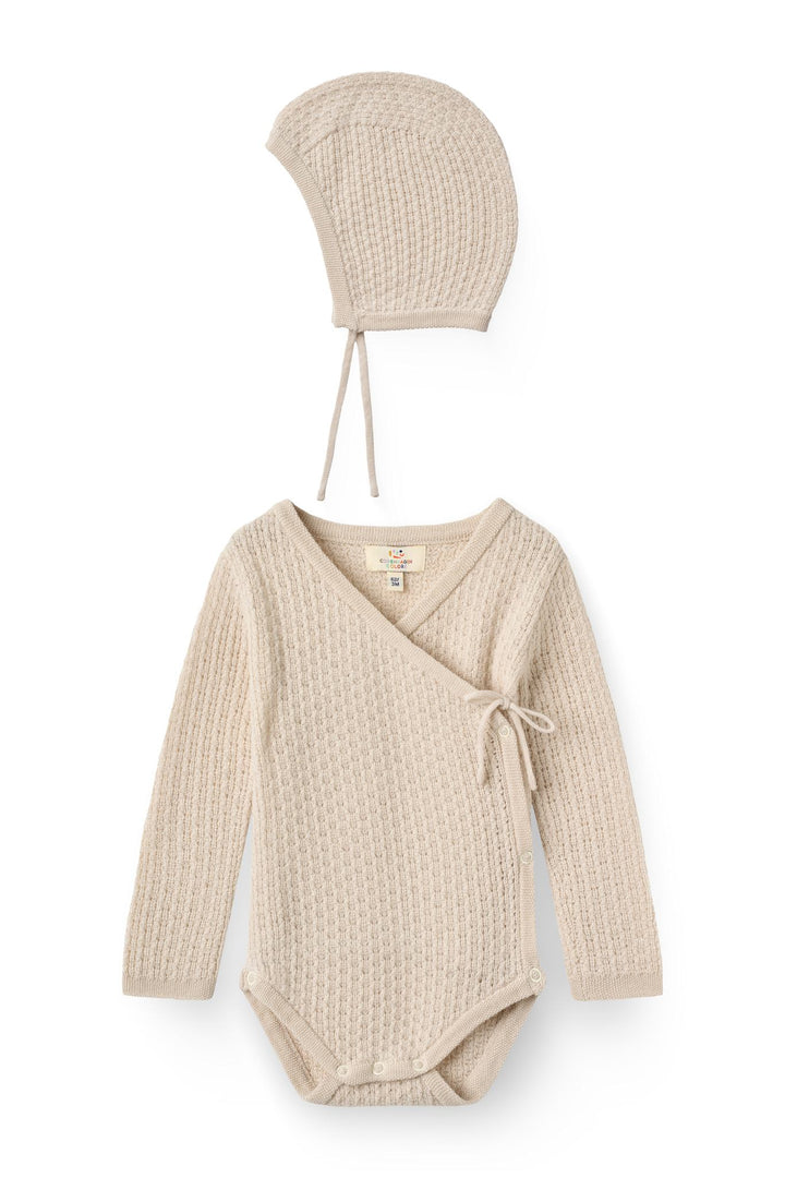 2-Pak Merinostrikket Pointelle Body & Baby Hat - Pale Cream