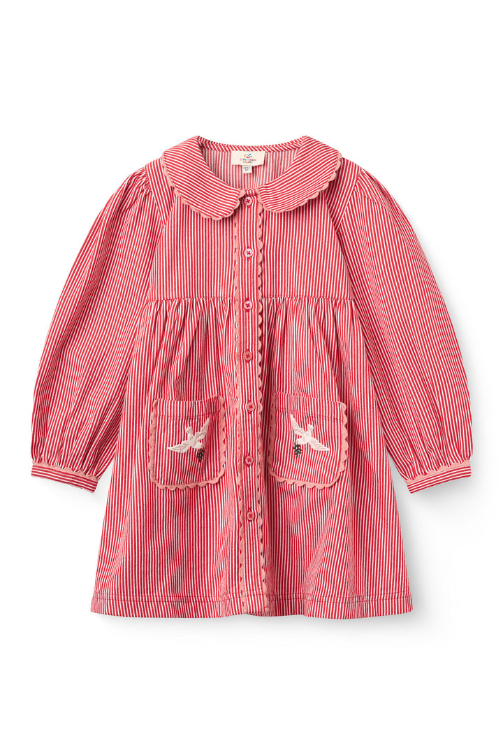 Stribet Kjole m Piping og Broderi - Red Stripe