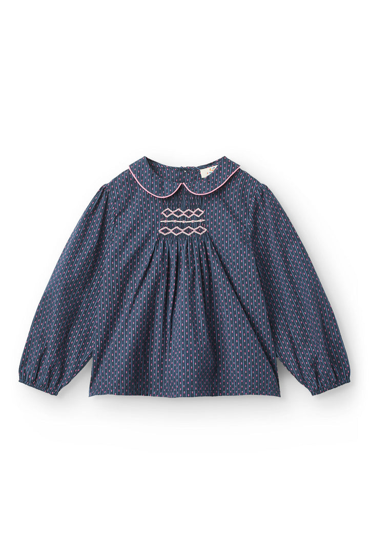 Printet Bluse m. Krave & Smock Broderi - Navy Flower Aop