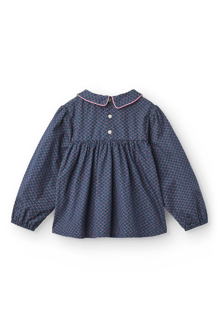 Printet Bluse m. Krave & Smock Broderi - Navy Flower Aop
