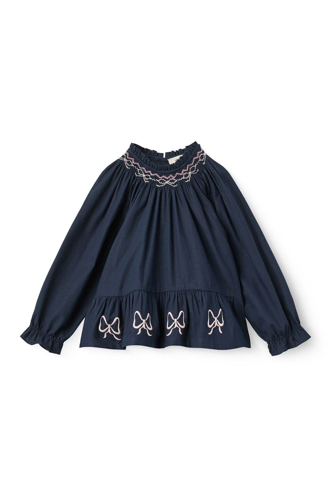 L/Æ Bluse m. Broderi & Smock - Navy Comb.