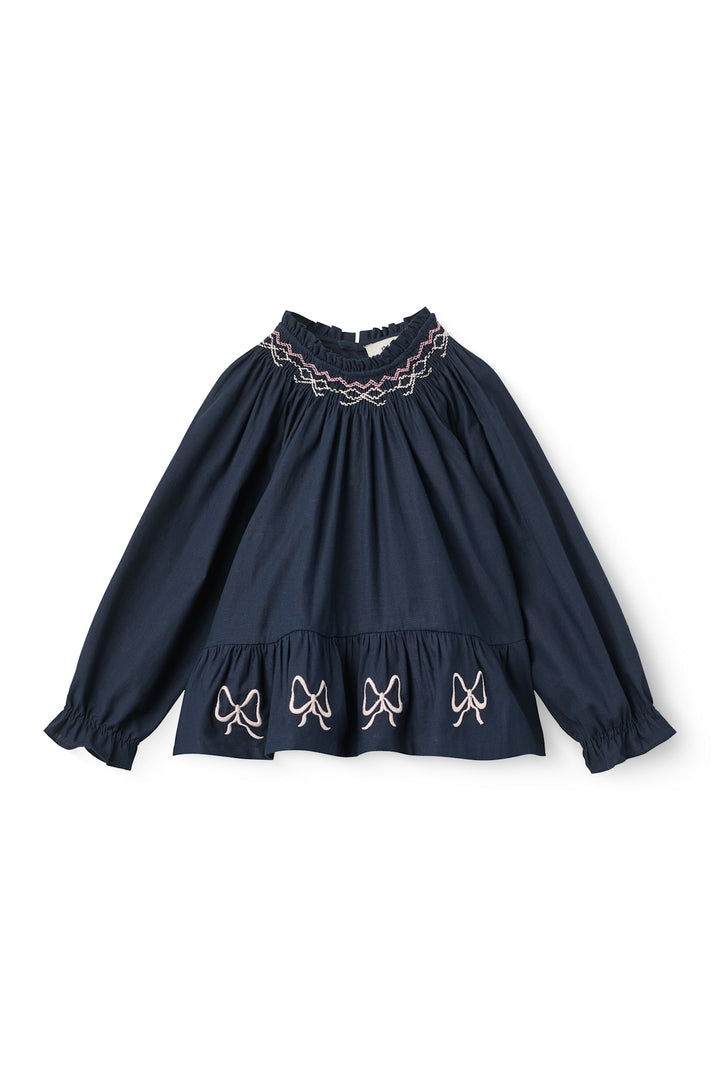 L/Æ Bluse m. Broderi & Smock - Navy Comb.