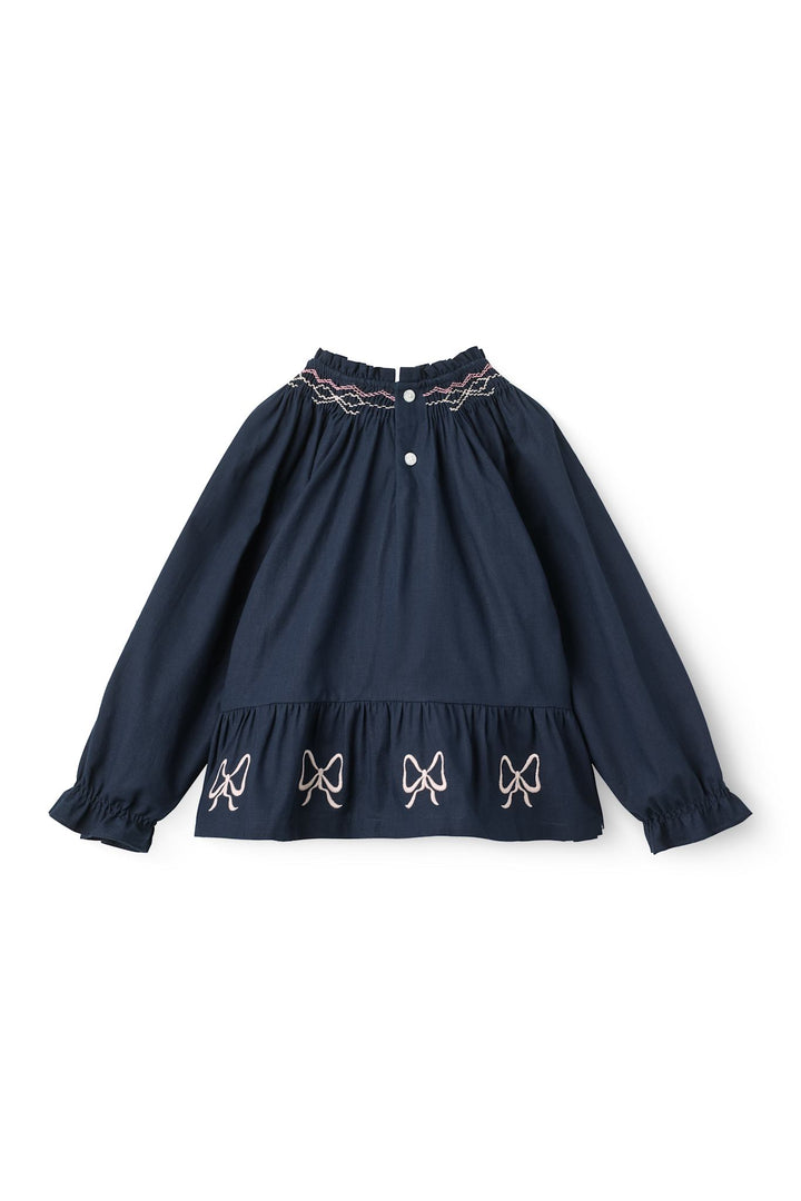L/Æ Bluse m. Broderi & Smock - Navy Comb.
