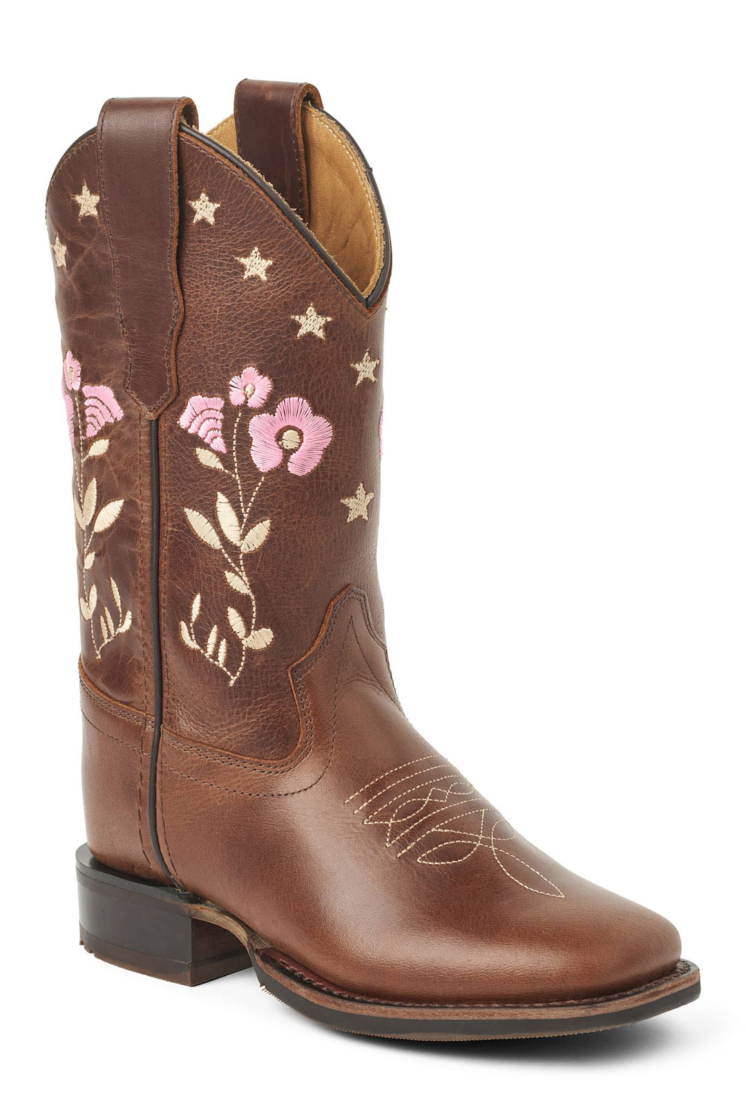 Cowboy Støvle m. Blomster Broderi - Dk. Brown
