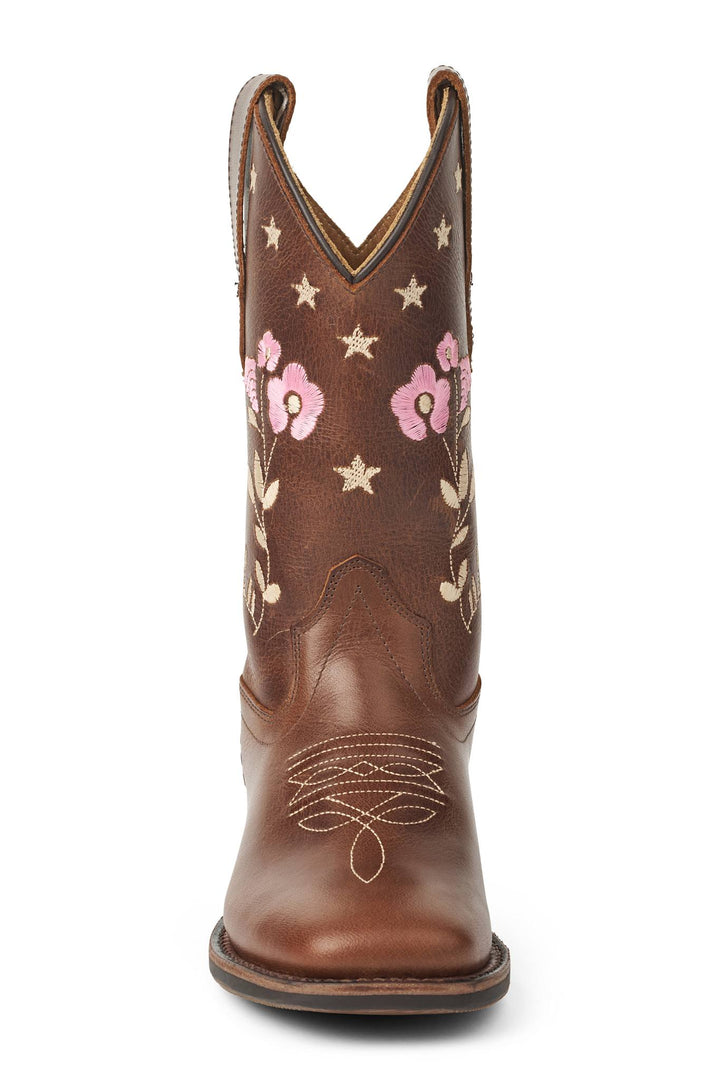 Cowboy Støvle m. Blomster Broderi - Dk. Brown