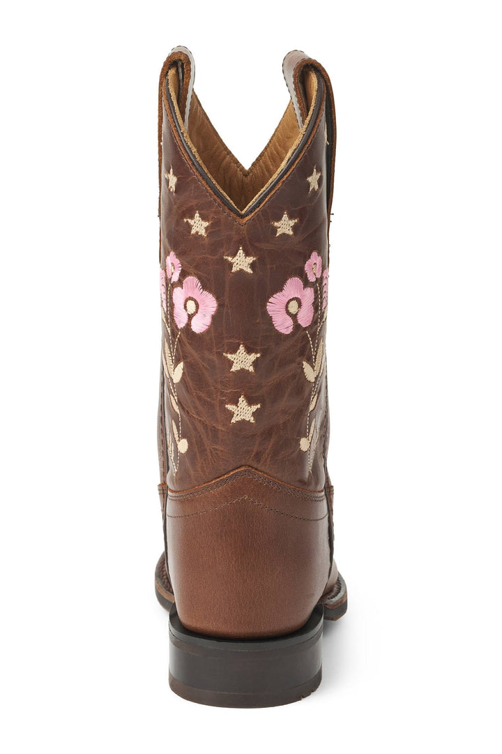 Cowboy Støvle m. Blomster Broderi - Dk. Brown