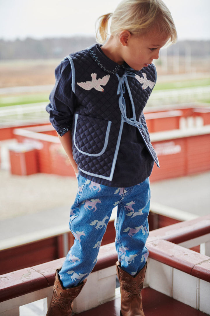 TERNET VEST M. QUILT OG BRODERI - BROWN BLUE CHECK COMB