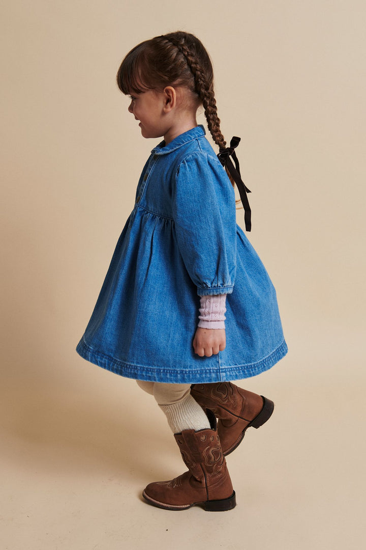 DENIM KJOLE M PUFF ÆRMER - INDIGO BLUE WASHED