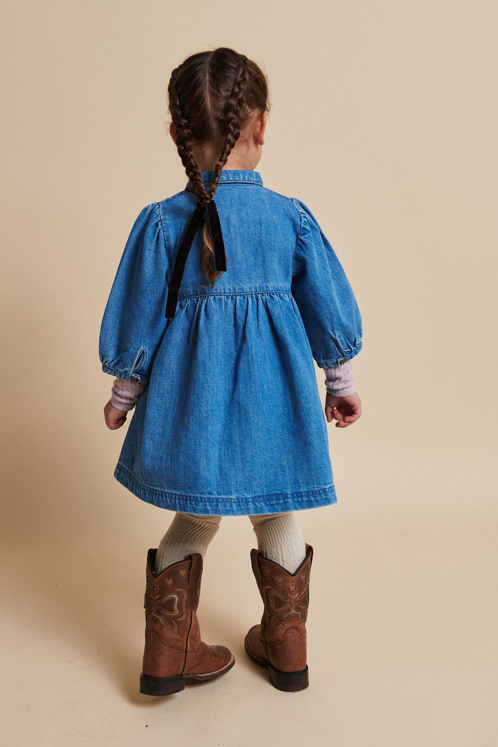 DENIM KJOLE M PUFF ÆRMER - INDIGO BLUE WASHED