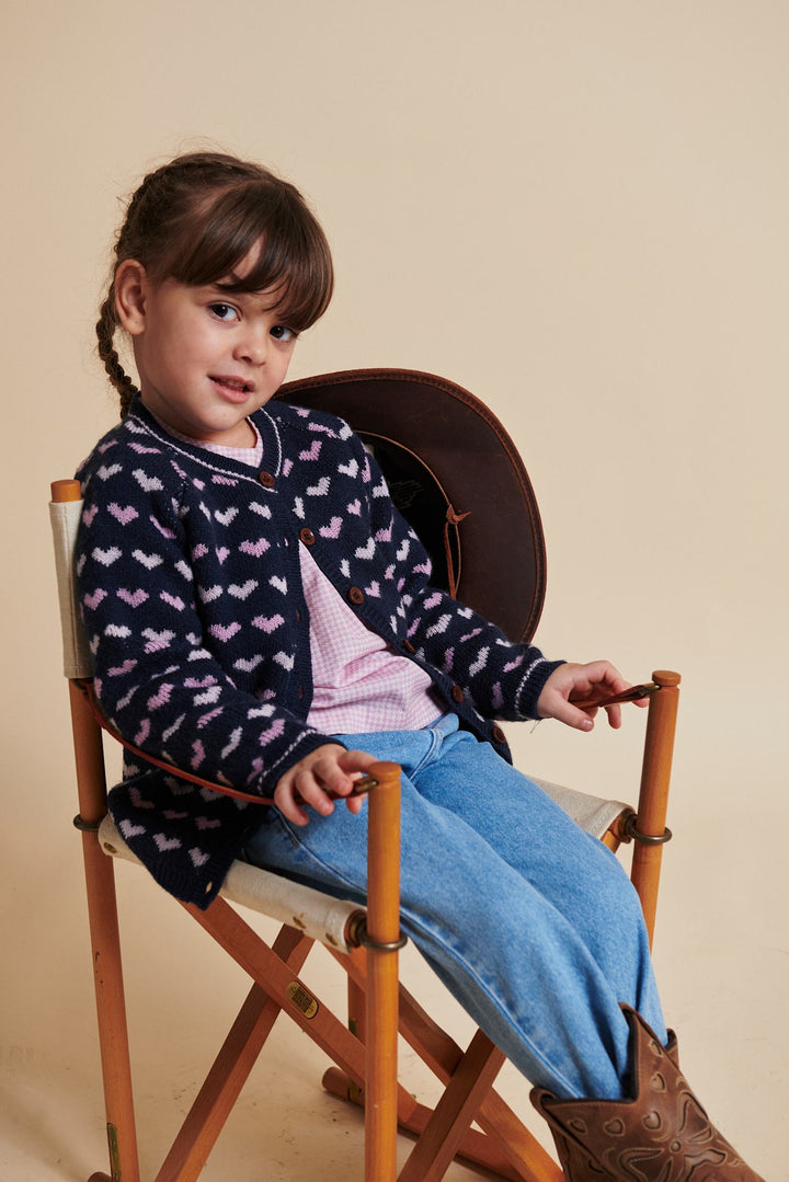 HJERTE CARDIGAN I MERINOULD - NAVY/BUBBLEGUM COMB