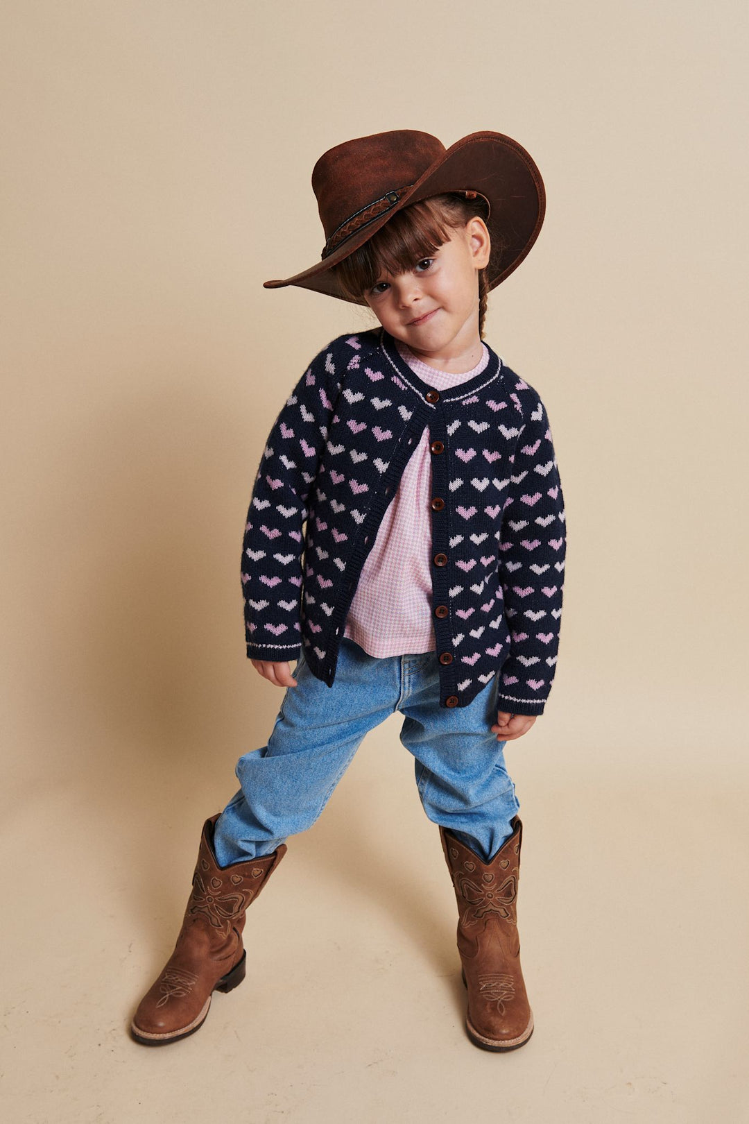 HJERTE CARDIGAN I MERINOULD - NAVY/BUBBLEGUM COMB