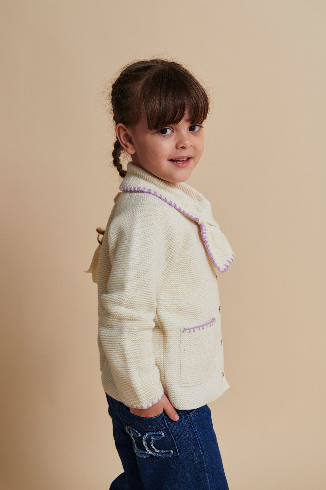LAMMEULDS CARDIGAN M KRAVE - CREAM/LAVENDER COMB