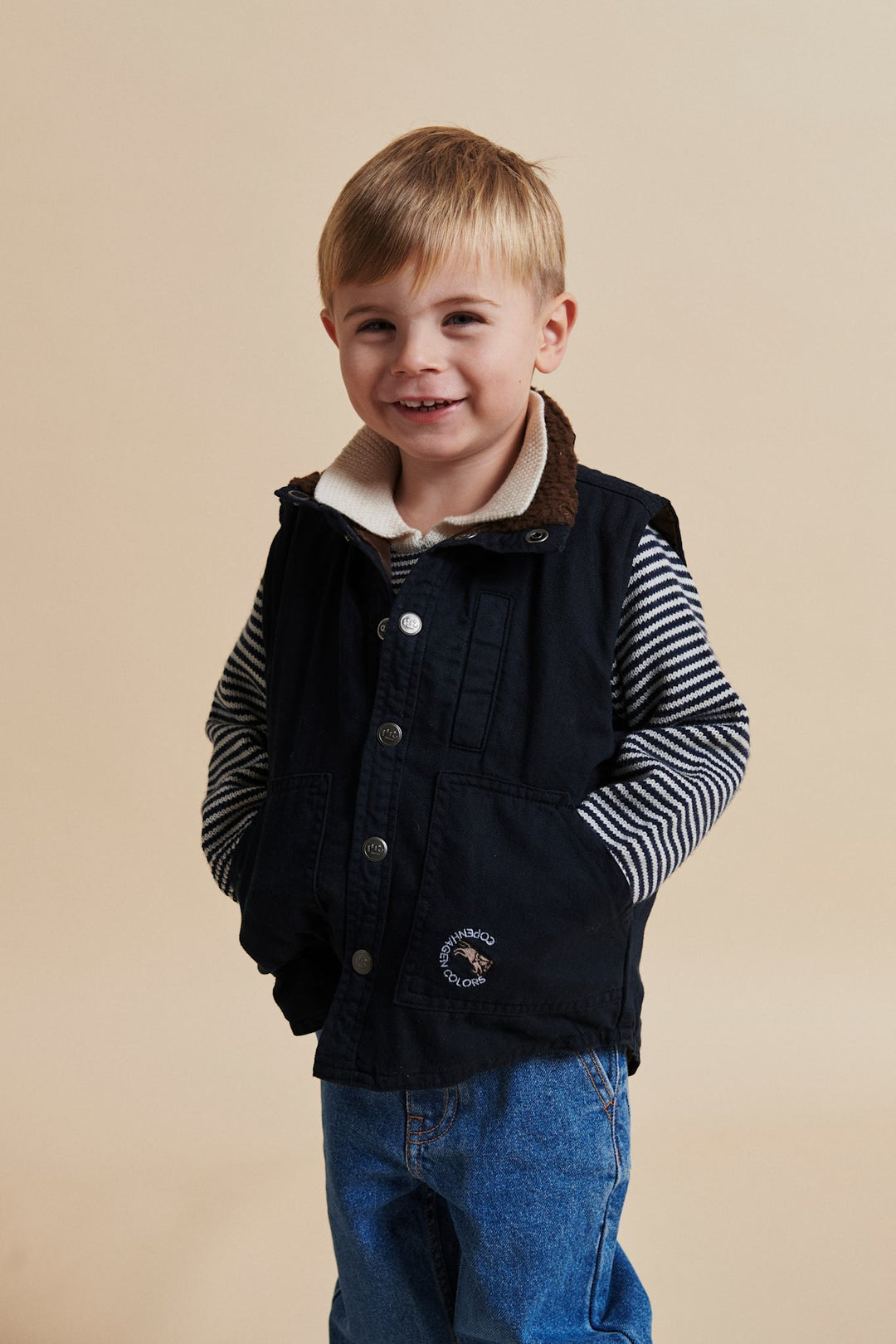 TWILL VEST W. SHERPA COLLAR - NAVY