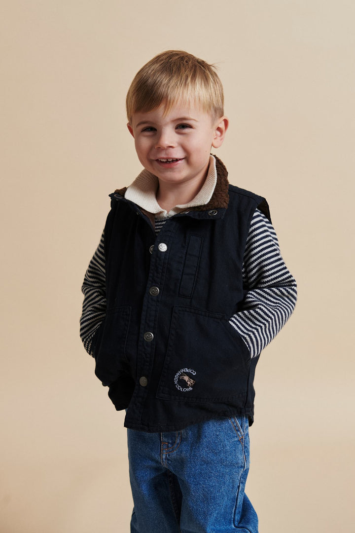 TWILL VEST W. SHERPA COLLAR - NAVY