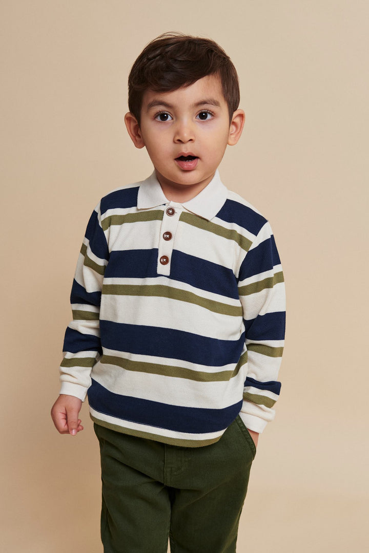 STRIBET POLO MED LANGE ÆRMER - GREEN COMBI