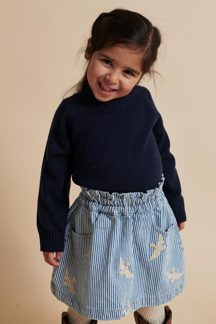 STRIBET DENIM NEDERDEL M BRODERI - DENIM BLUE STRIPE