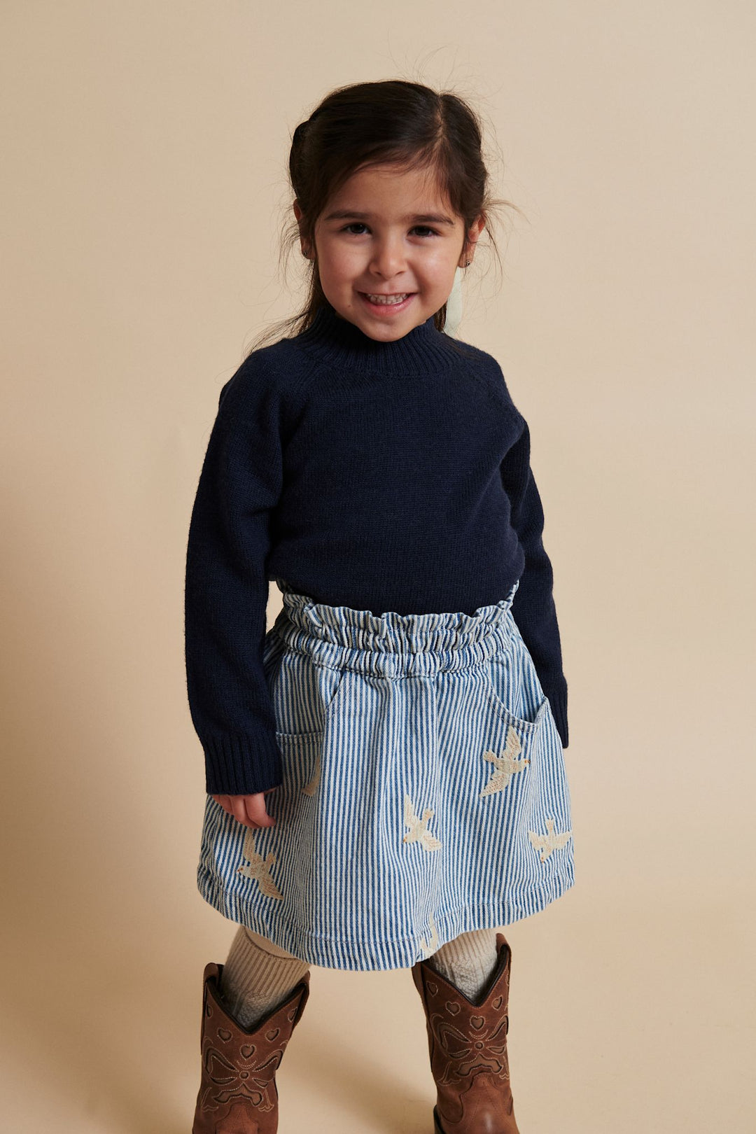 STRIBET DENIM NEDERDEL M BRODERI - DENIM BLUE STRIPE
