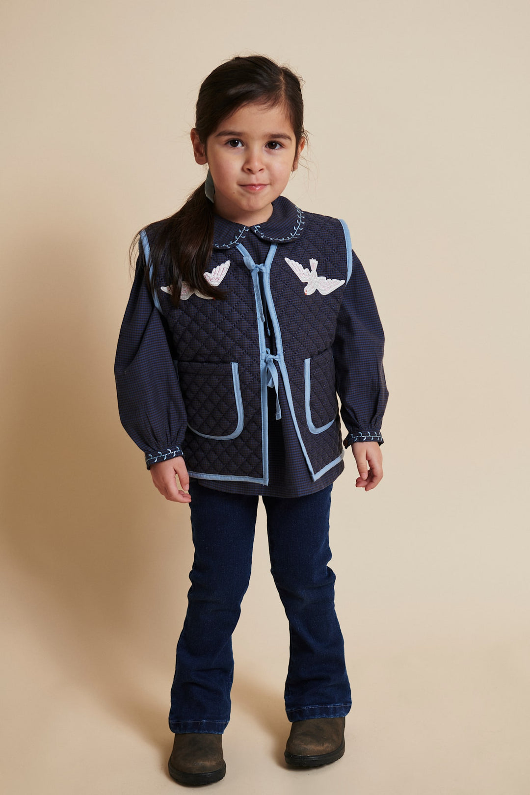TERNET VEST M. QUILT OG BRODERI - BROWN BLUE CHECK COMB